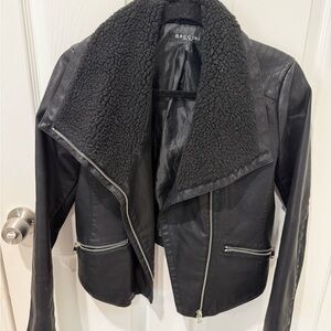 Baccini Black Faux Leather Jacket with Sherpa Lapel